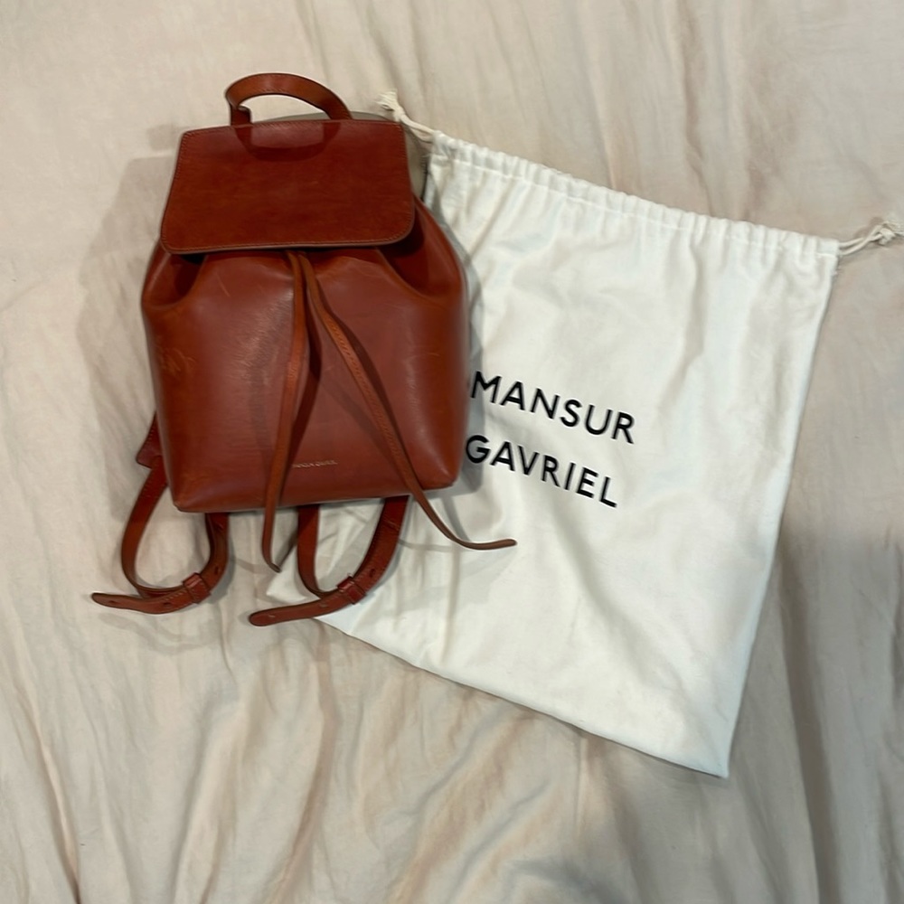 Mansur Gavriel camel color leather backpack light blue interior
